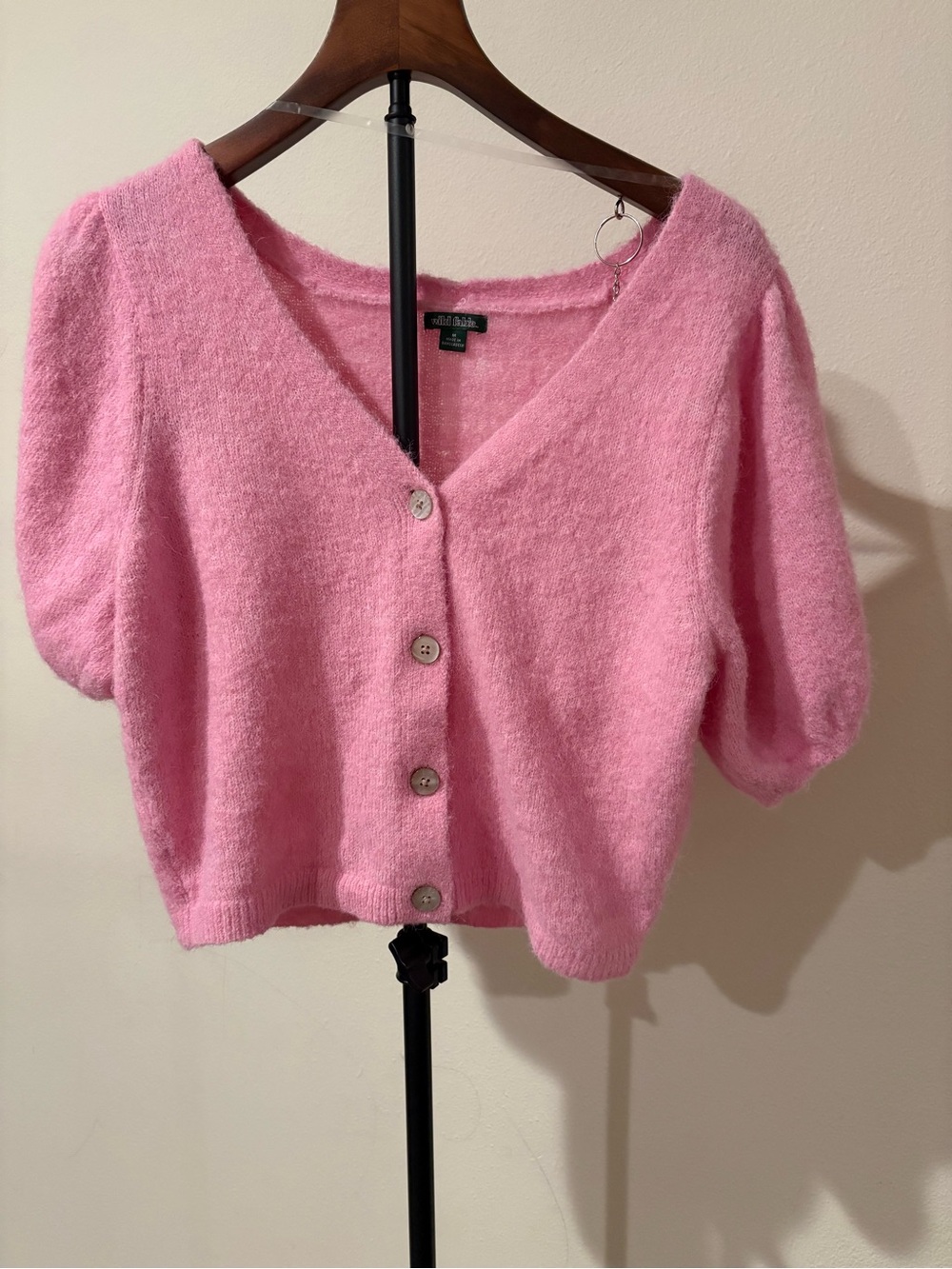 wild fable Pink Fuzzy V-Neck Button-Front short-sleeve Sweater M